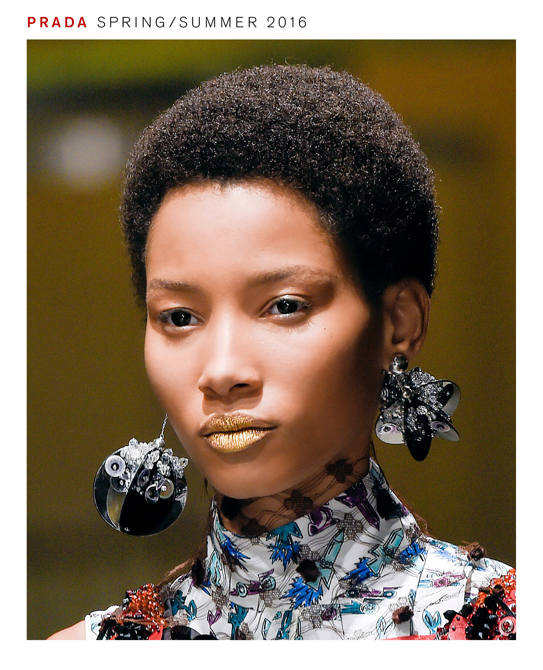 Model wearing Pat McGrath makeup look for Prada spring/summer 2016 show.