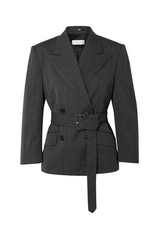 Belted Double-Breasted Pinstriped Twill Blazer
