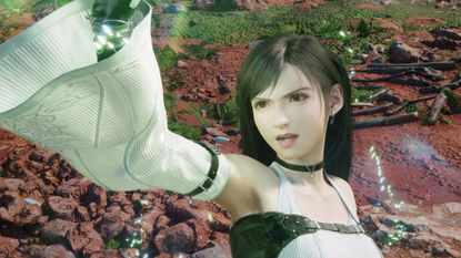 Tifa where's a mage-like outfit as her hand glows green in Final Fantasy 7 Revelation - cropped to fit a header image
