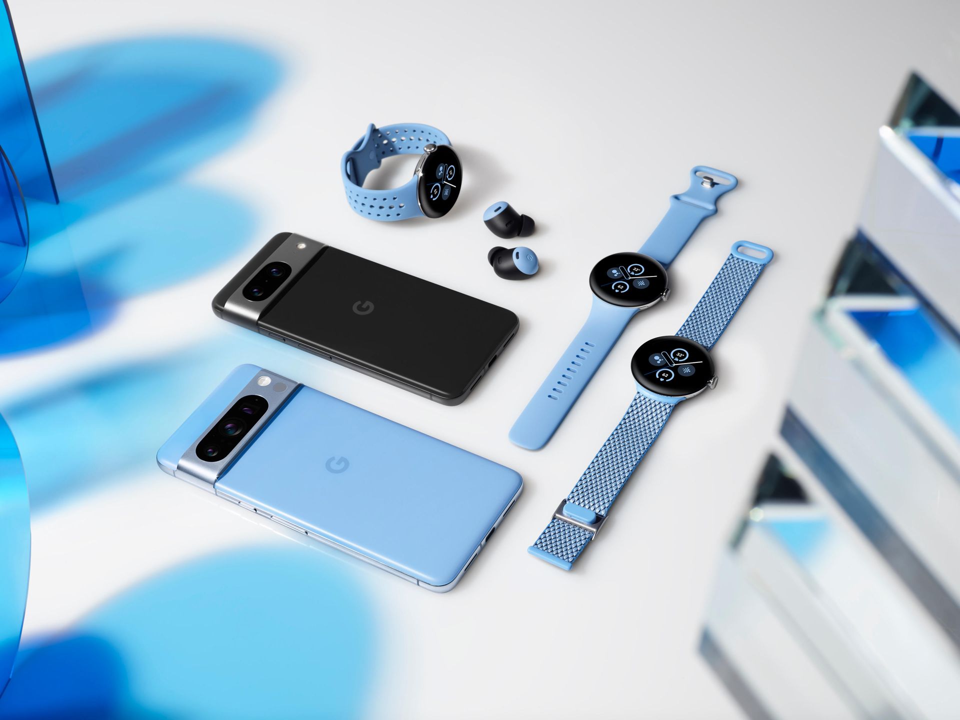 Google Pixel 8 Pro alongside Pixel watches and earbuds