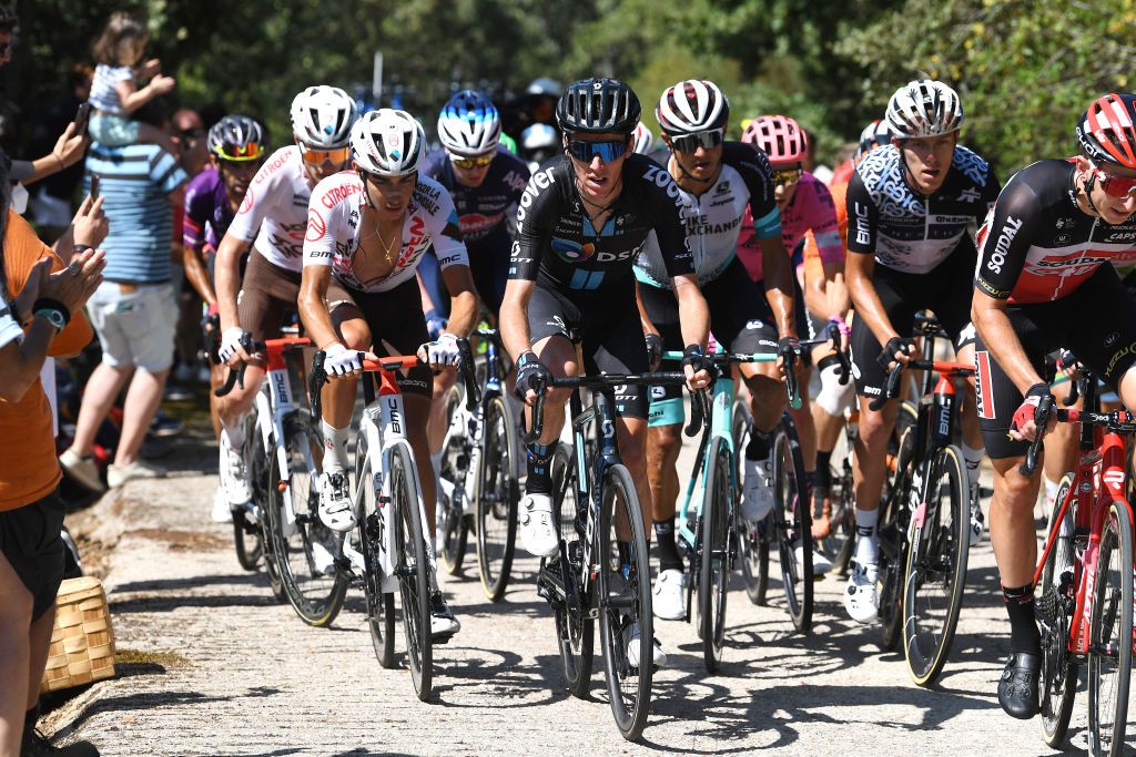 PICO VILLUERCAS SPAIN AUGUST 28 LR Clment Champoussin of France and AG2R Citren Team Romain Bardet of France and Team DSM and Matthew Holmes of United Kingdom and Team Lotto Soudal compete in the breakaway during the 76th Tour of Spain 2021 Stage 14 a 1657km stage from Don Benito to Pico Villuercas 1580m lavuelta LaVuelta21 on August 28 2021 in Pico Villuercas Spain Photo by Tim de WaeleGetty Images