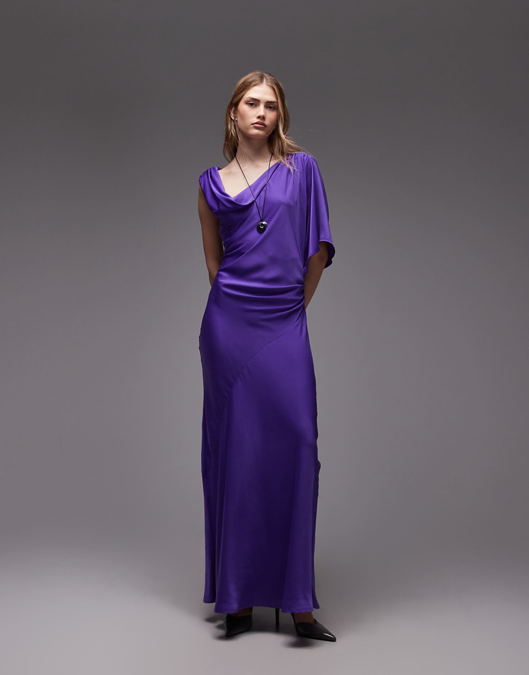 Asos Design Satin Maxi Dress With Cowl Front and Single Draped Sleeve in Violet