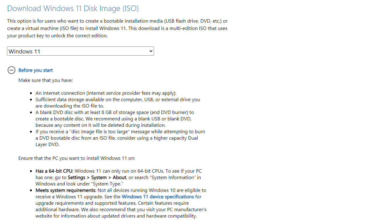 Скриншот сайта загрузки Windows 11 ISO