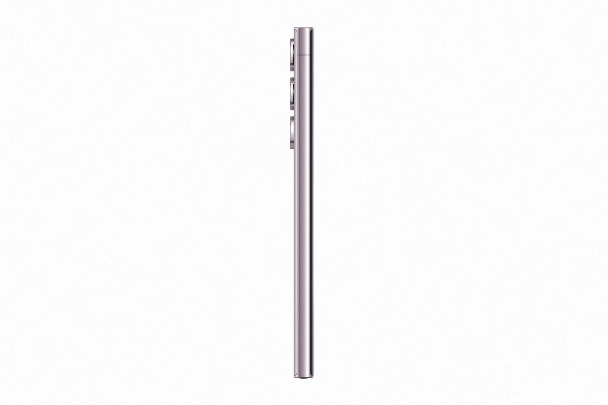 Official press images of the Galaxy S23 Ultra, in Lavender from the side
