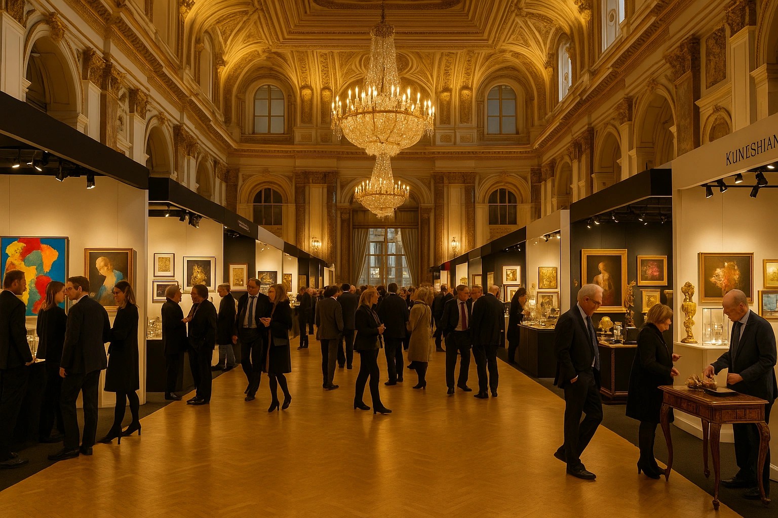 An antique, art, and design fair is hosted within a palatial setting with golden lighting emitted by a stunning central chandelier.