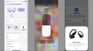 Beats Powerbeats Pro 2, three screengrabs on iPhone to show ANC, heart-rate and spatial audio features