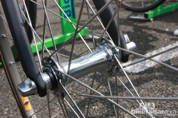 GreenEdge team mechanics built traditional alloy box-section wheels around Shimano Dura-Ace hubs for Paris-Roubaix.