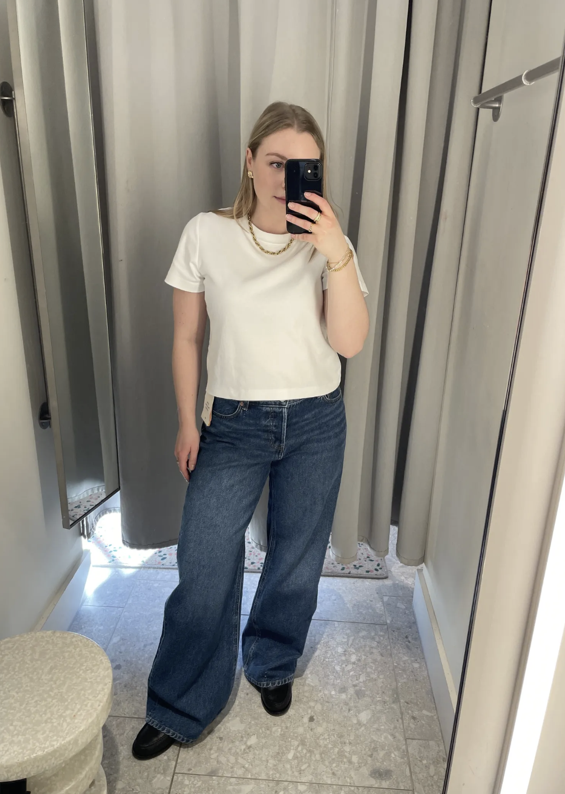 Shopping editor Florrie Alexander wears the wide high waist jeans from H&amp;amp;M.