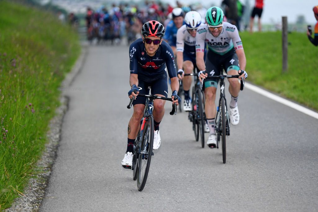 LACHEN SWITZERLAND JUNE 07 Richard Carapaz of Ecuador and Team INEOS Grenadiers Maximilian Schachmann of Germany and Team Bora Hansgrohe in breakaway during the 84th Tour de Suisse 2021 Stage 2 a 178km stage from Neuhausen am Rheinfall to Lachen UCIworldtour tds tourdesuisse on June 07 2021 in Lachen Switzerland Photo by Tim de WaeleGetty Images