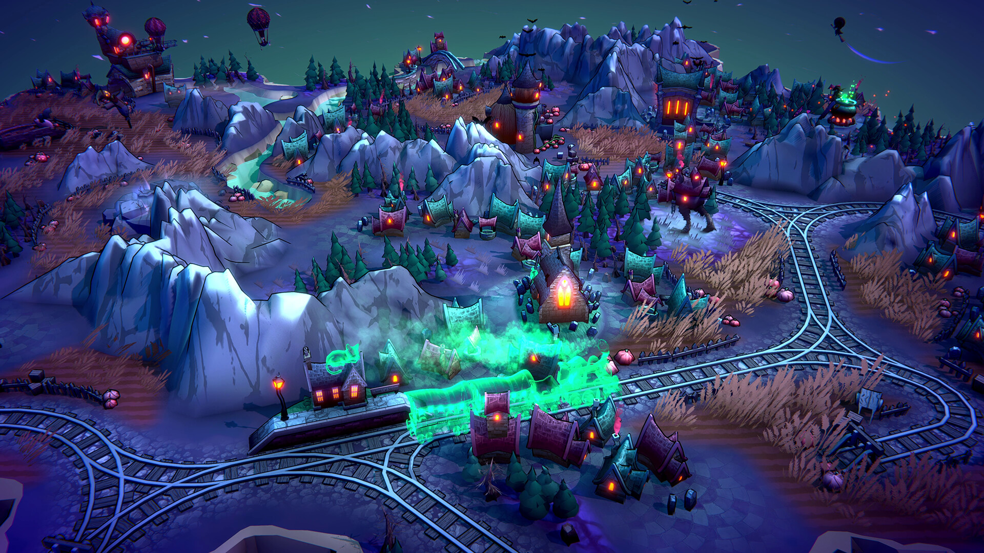 In indie city builder, Fangtopia, a diorama shows various tiles placed together to bring to life a spooky themed kingdom with pumpkins, witch hat decorations, and ghost trains