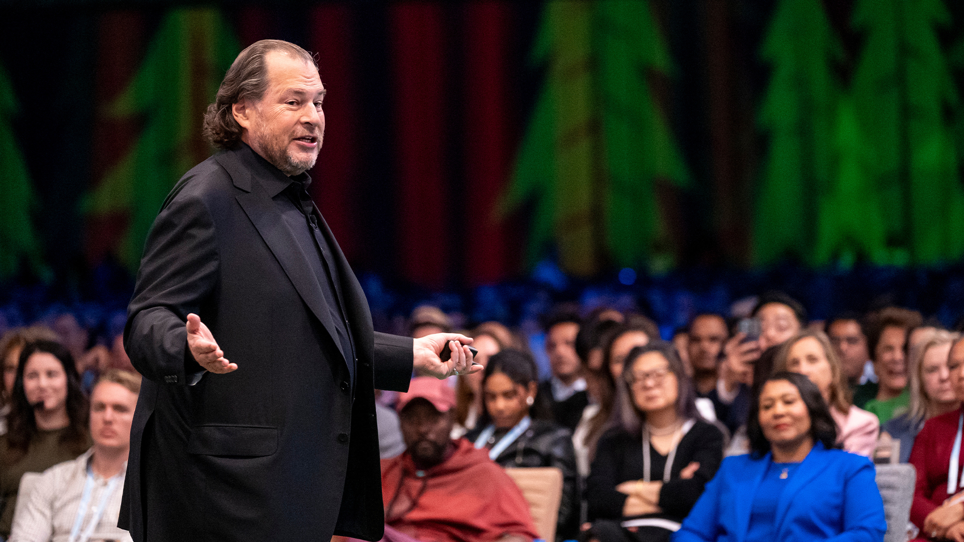 Salesforce CEO Marc Benioff pictured speaking during a keynote presentation at the 2024 Dreamforce conference in San Francisco, USA.