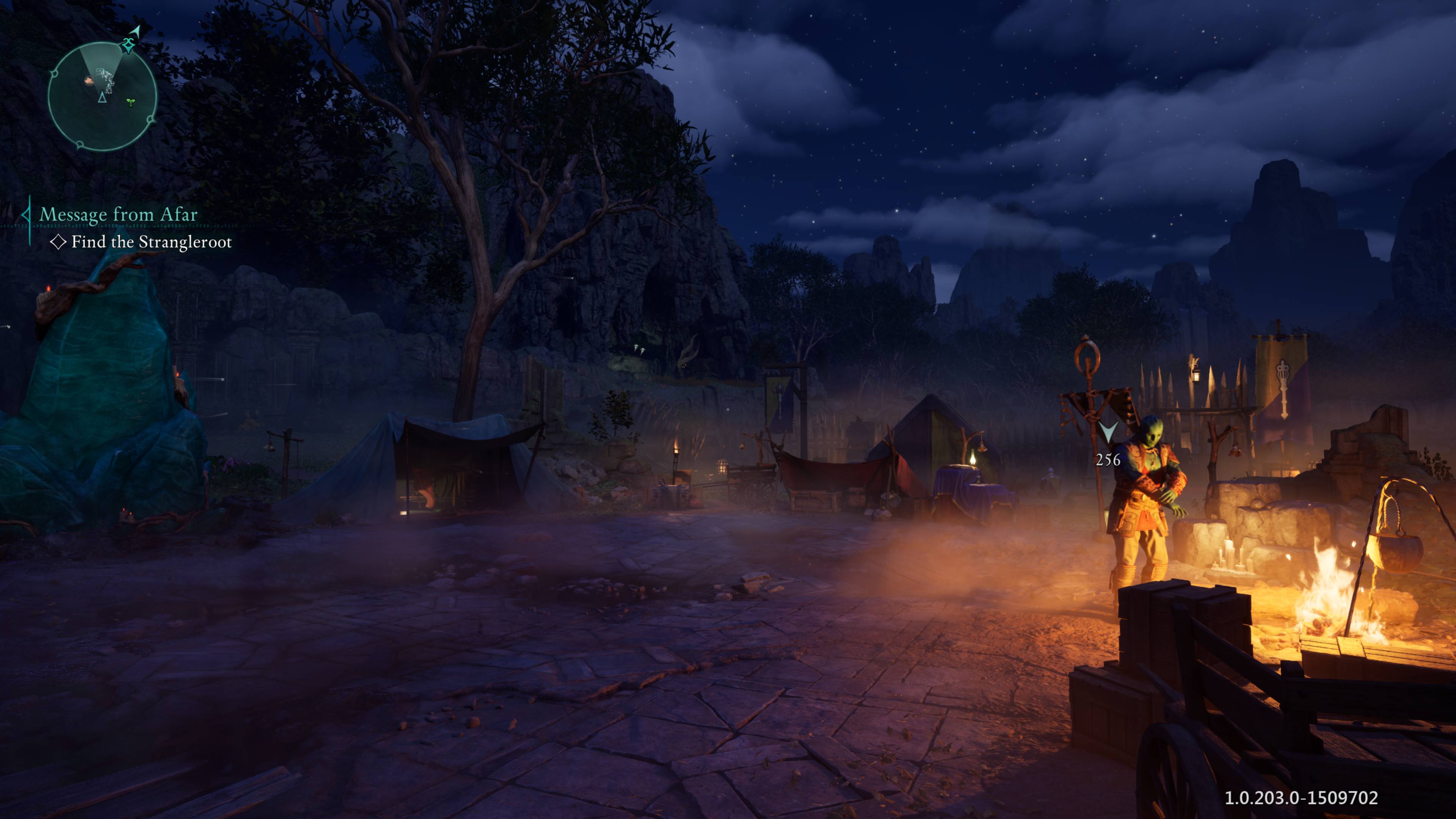 Screenshot of Avowed on PC showing the camp, with the companion Kai standing by a campfire.