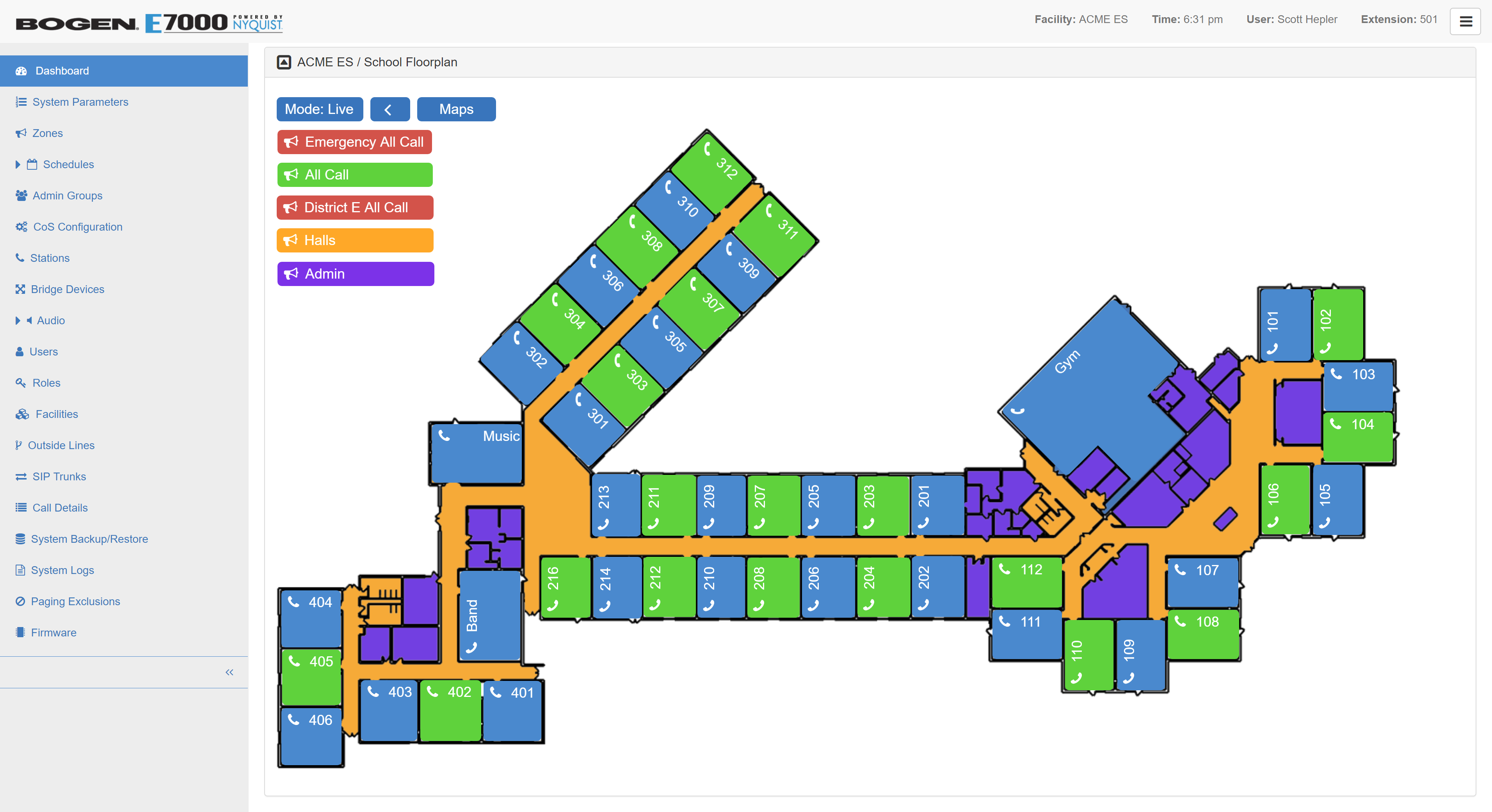 E7000 V2.0 map-based paging and intercom GUI