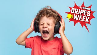 A curly-haired boy yelling while wearing a pair of headphones.