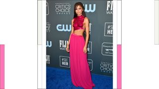 Zendaya wears a pink breastplate and skirt as she attends the 25th Annual Critics' Choice Awards at Barker Hangar on January 12, 2020 in Santa Monica, California