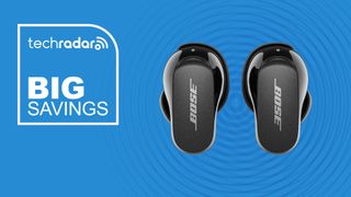 Bose QuietComfort Earbuds 2 in black on blue background with TechRadar Big Savings text