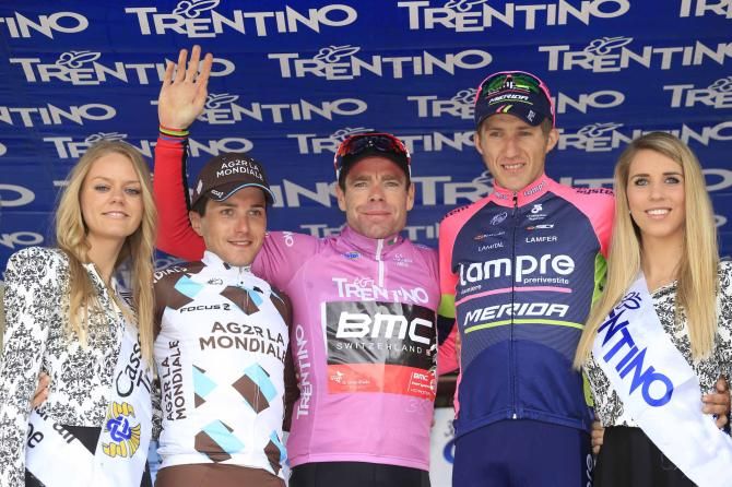 Cadel Evans (BMC), flanked by Domenico Pozzovivo and Przemyslaw Niemiec at the Giro del Trentino.