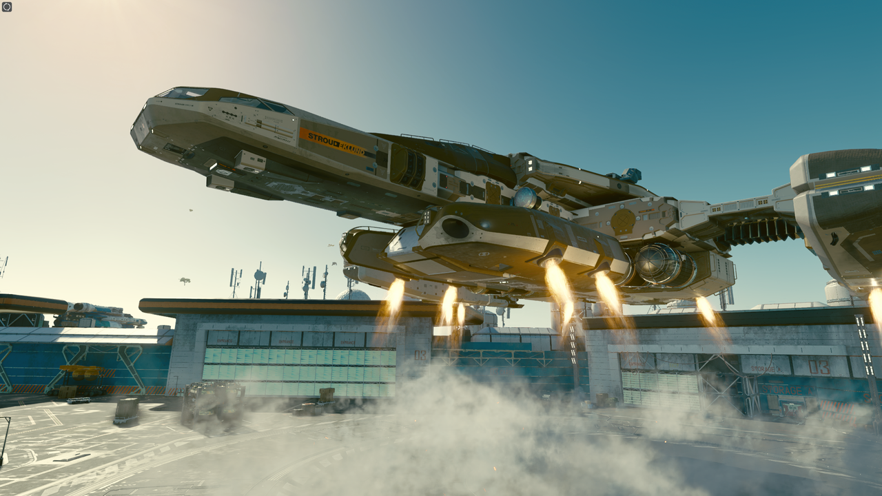 Starfield's Star Eagle spaceship landing at a spaceport in Starfield.