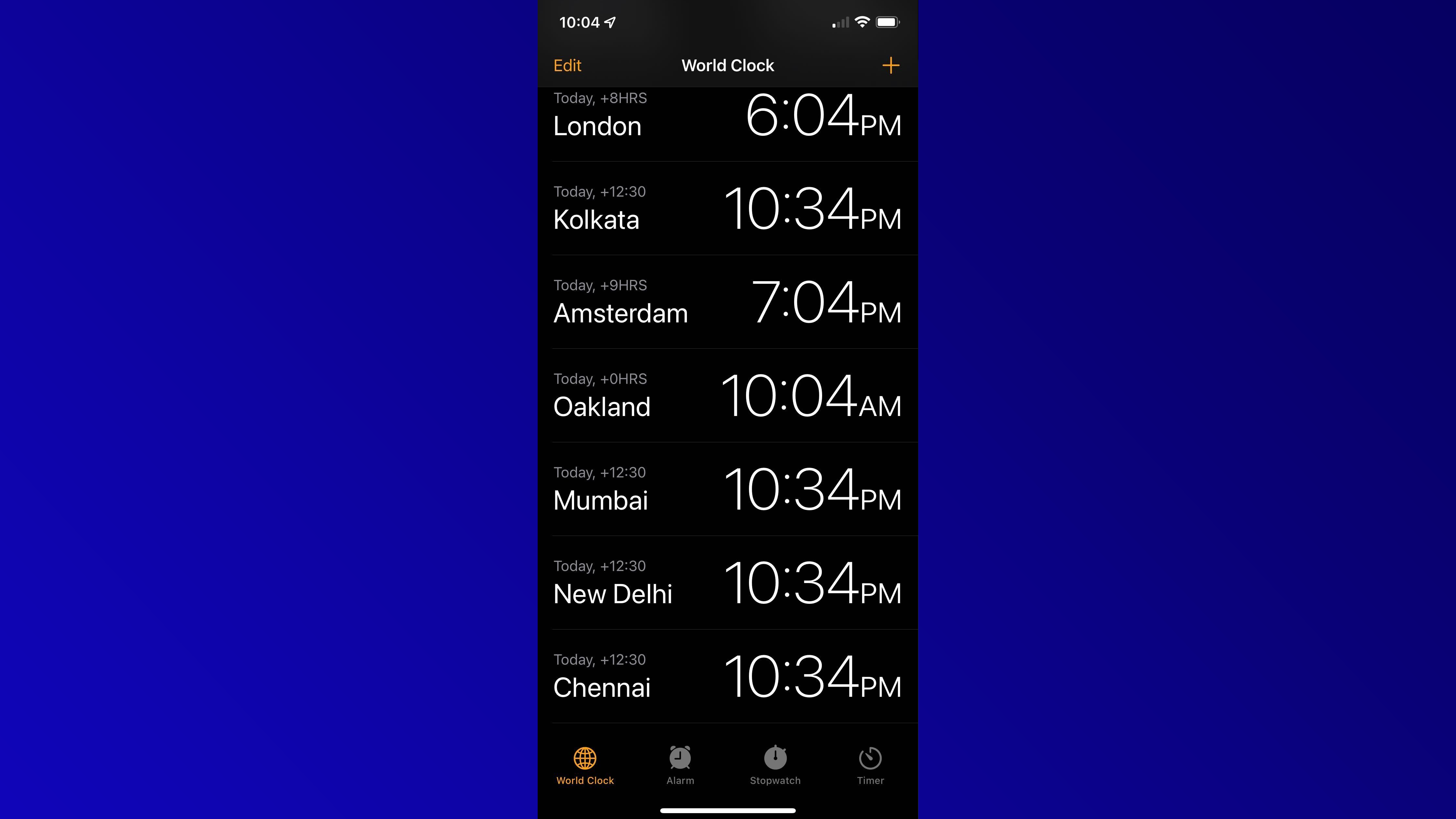 ios 15 world watch list view showing all 4 available cities in india