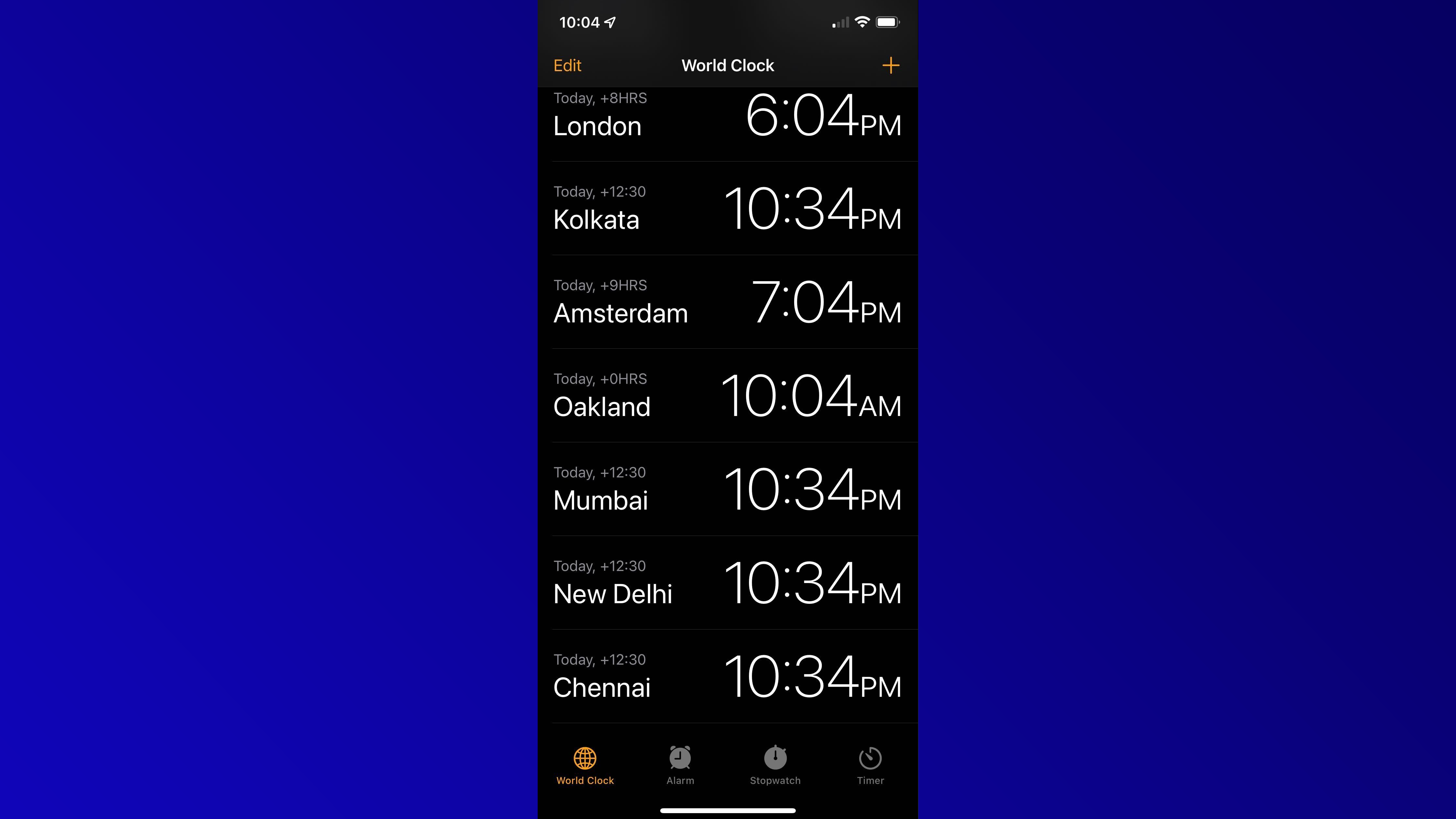 Affichage De La Liste De L'Horloge Mondiale Ios 15 Montrant Les 4 Villes Disponibles En Inde