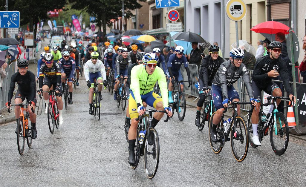 ILMENAU GERMANY AUGUST 27 LR Benjamin King of United States and Team Rally Cycling Yves Lampaert of Belgium and Team Deceuninck QuickStep and Jens Debusschere of Belgium and Team BB Hotels PB KTM compete during the 35th Deutschland Tour 2021 Stage 2 a 1806km stage from Sangerhausen to Ilmenau DeineTour on August 27 2021 in Ilmenau Germany Photo by Christian KasparBartkeGetty Images