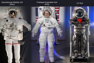 A NASA gallery image of three spacesuits: the Extravehicular Mobility Unit (EMU), the Constellation Space Suit System, and the Z-2 suit prototype of the Advanced Space Suit Project.