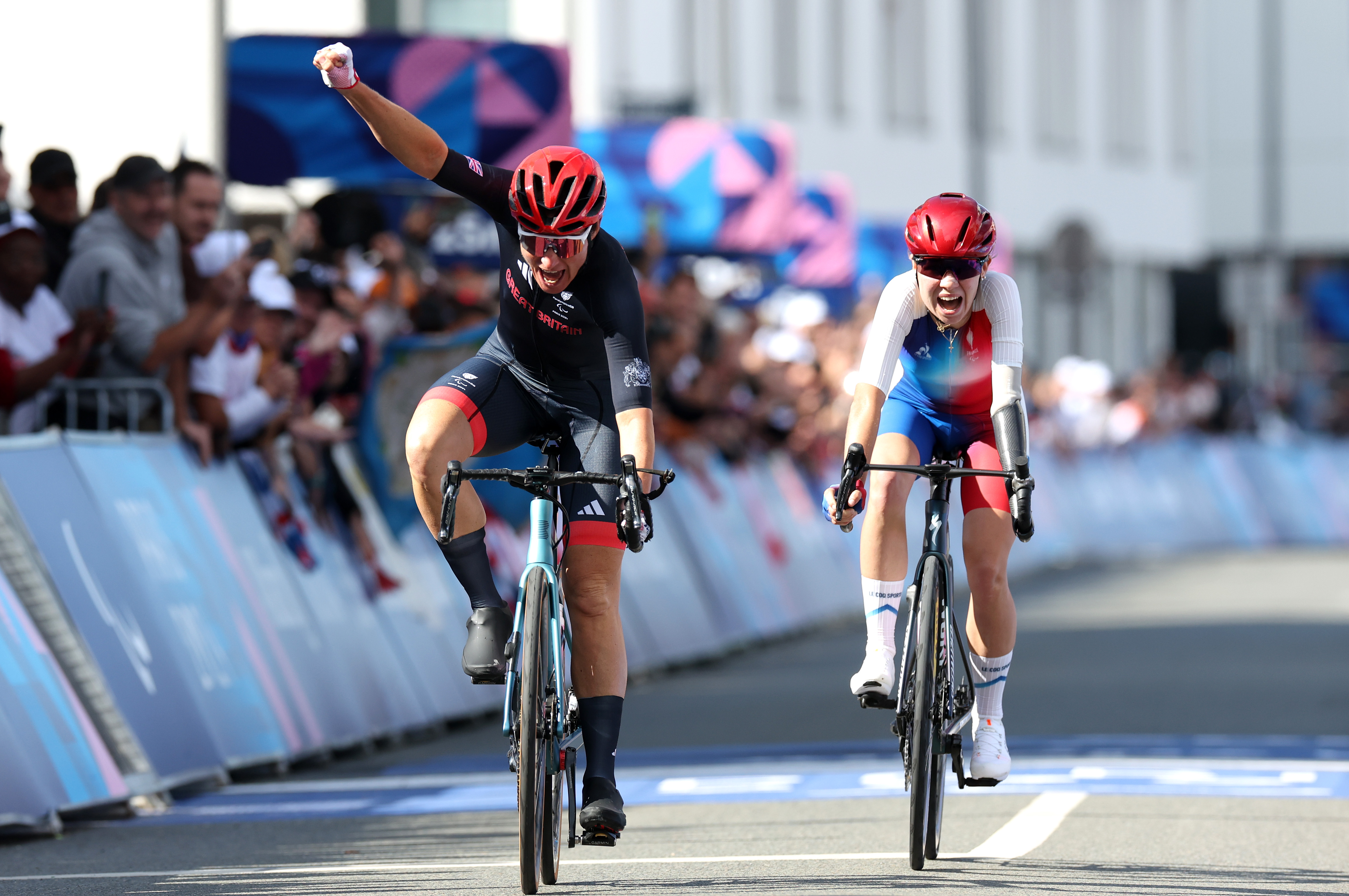 PARIS, FRANCE - SEPTEMBER 06: Sarah Storey of Team Great Britain and Heidi Gaugain of Team France celebrate taking Gold and Silver in the Women&amp;amp;apos;s C4-5 Road Race on day nine of the Paris 2024 Summer Paralympic Games at on September 06, 2024 in Paris, France. (Photo by Michael Steele/Getty Images)