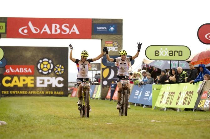 Sally Bigham and Ester Suss of Team Meerendal take the ladies leader jerseys after confidently winning stage 1