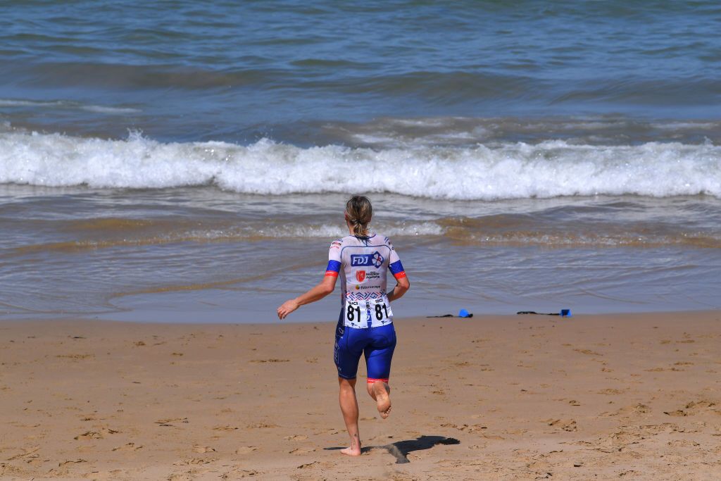 Brodie Chapman (FDJ Nouvelle-Aquitaine Futuroscope heads for a swin after winning the 2020 Race Torquay