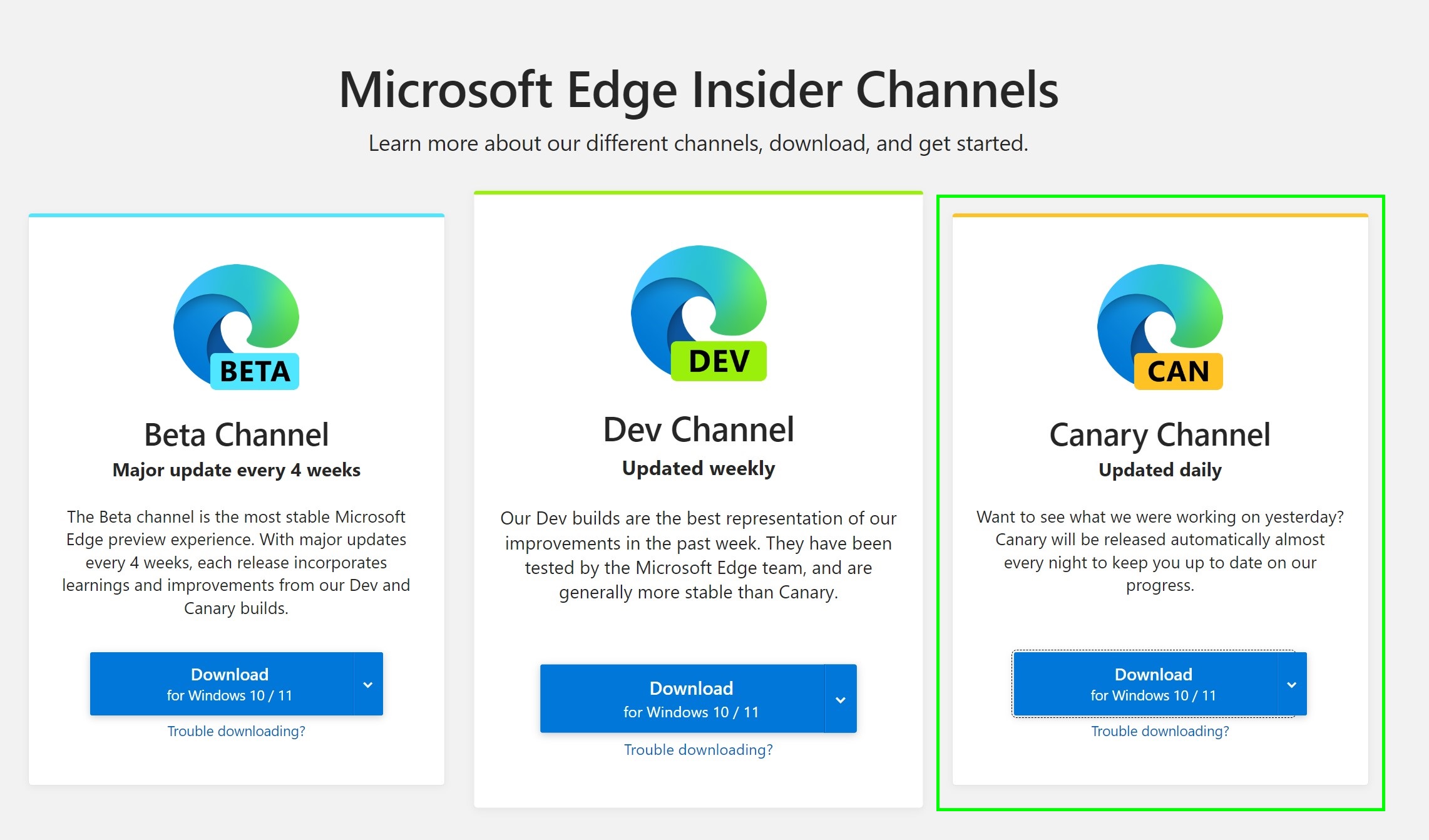 Microsoft Edge-Insiderkanalseite