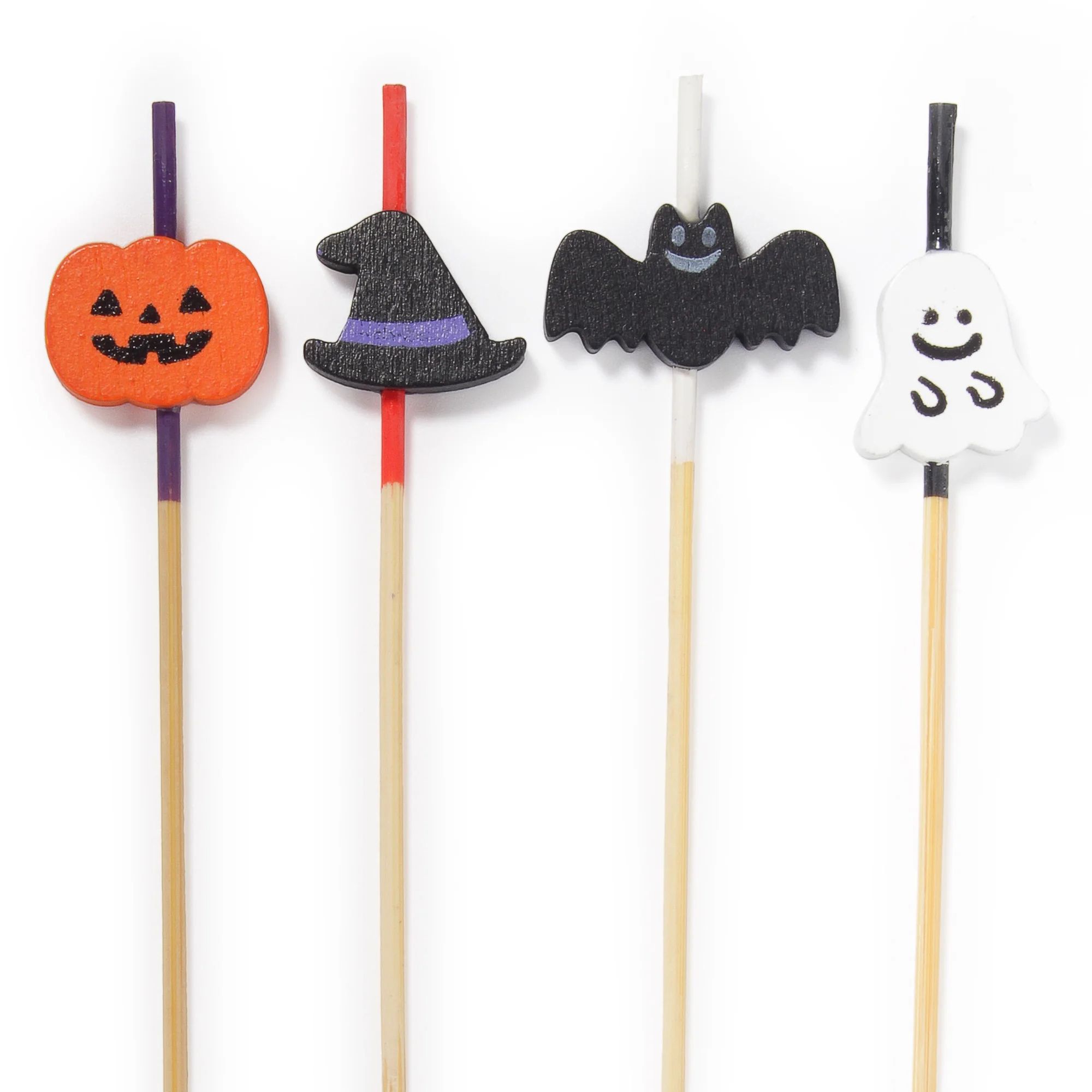 wooden cocktail picks with ghost, bat, pumpkin and witch hat toppers