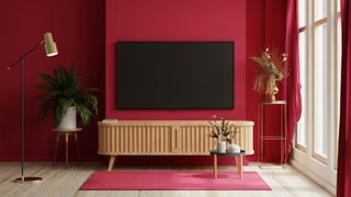 Red living room with natural light