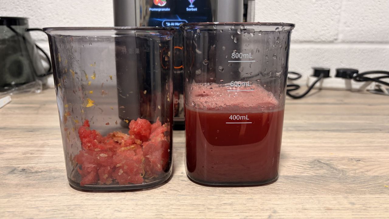 Watermelon juice made using the Tribest Slowstar AI Vertical Hopper Juicer