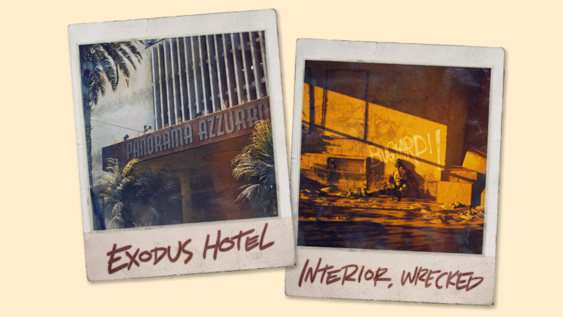 Arc Raiders Riven Tides: Polaroid-style images of the Exodus Hotel area of the new beachfront map.