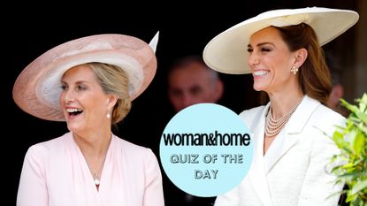 Sophie, Duchess of Edinburgh and Catherine, Princess of Wales attend the Order of the Garter service at St. George's Chapel, with a W&H Quiz of the Day roundel layered over the top