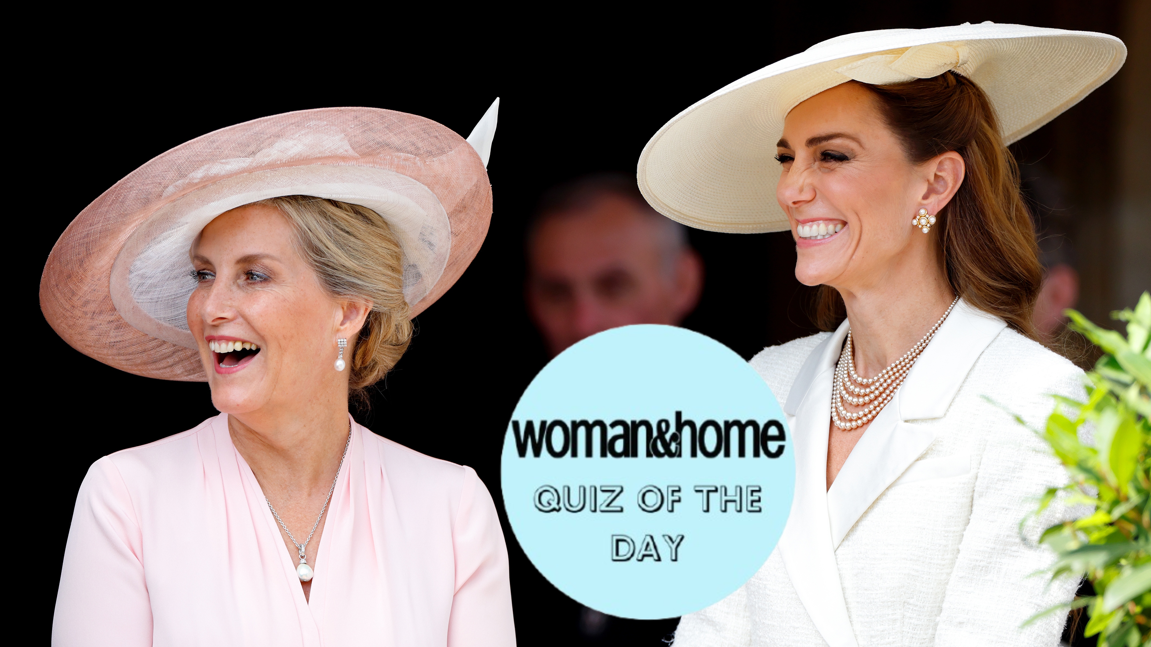 Sophie, Duchess of Edinburgh and Catherine, Princess of Wales attend the Order of the Garter service at St. George's Chapel, with a W&amp;H Quiz of the Day roundel layered over the top