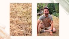 picture of garden lawn with dead grass and screenshot from Ish's reel about dead grass