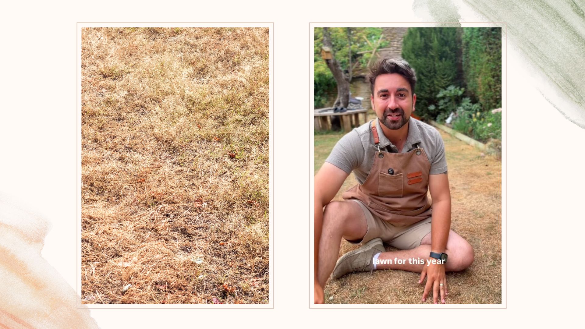 picture of garden lawn with dead grass and screenshot from Ish's reel about dead grass 