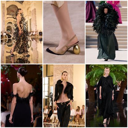 collage of surrealist fashion from the haute couture runways of chanel, dior, schiaparelli, and. balenciaga