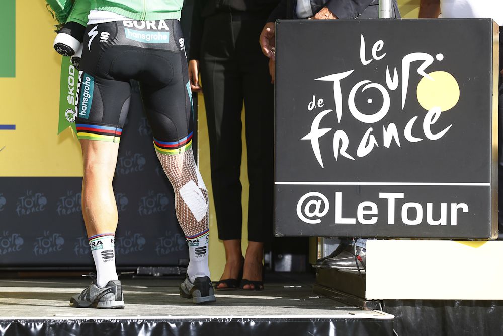 Peter Sagan on the podium following his stage 17 crash