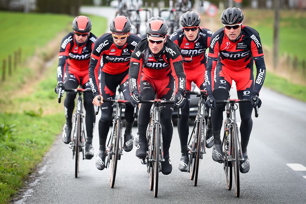 Silvan Dillier of BMC Racing Team, Greg Van Avermaet, Marcus Burghardt, Jempy Drucker and Daniel Oss get in some reconnaissance prior to Sunday's Tour of Flanders.