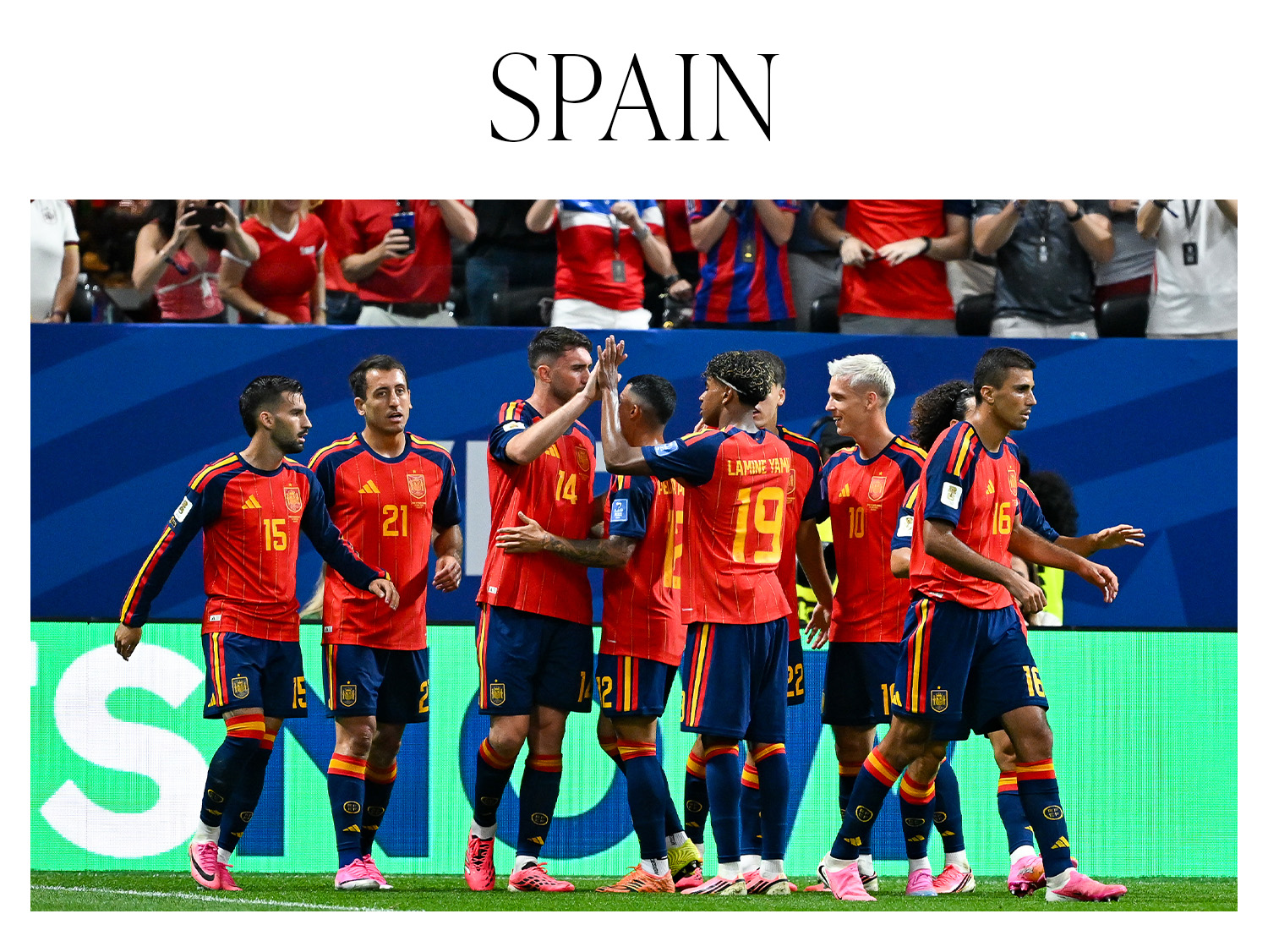 Spain players celebrate after Mikel Oyarzabal #21 scored a first-half goal during the FIFA World Cup 2026 Group H match between Spain and Saudi Arabia on June 21st, 2026 in Atlanta, GA.