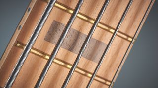 Close up of the fretboard of a 5-string bass