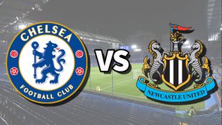 The Chelsea and Newcastle United club badges on top of a photo of Stamford Bridge in London, England