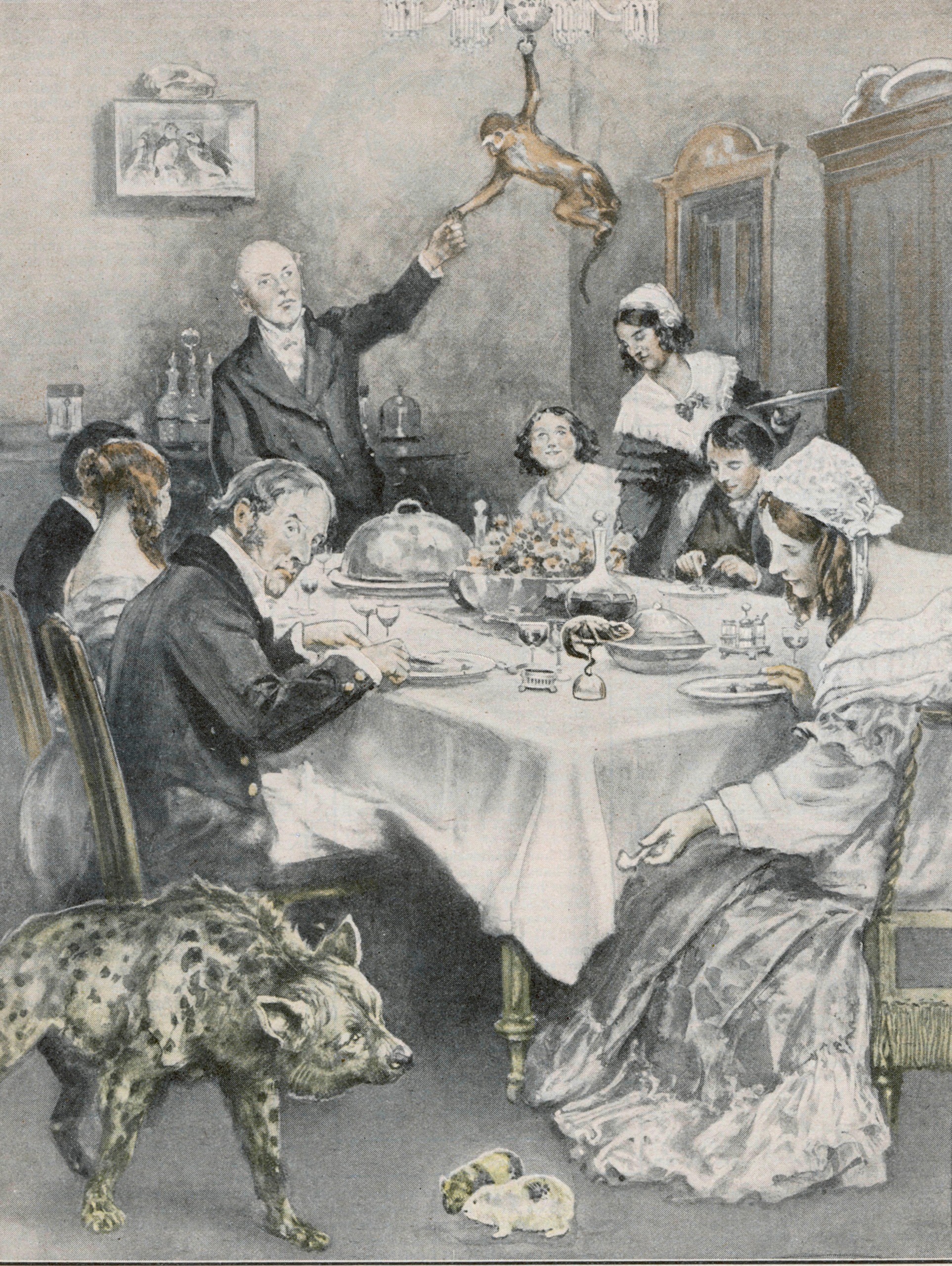 A family sitting round the dining table surrounded by wild animals including a monkey swinging from the light and a hyena