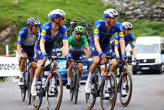 LUZ ARDIDEN FRANCE JULY 15 Michael Mrkv of Denmark Tim Declercq of Belgium Dries Devenyns of Belgium Davide Ballerini of Italy Mark Cavendish of The United Kingdom and Team Deceuninck QuickStep Green Points Jersey during the 108th Tour de France 2021 Stage 18 a 1297km stage from Pau to Luz Ardiden 1715m LeTour TDF2021 on July 15 2021 in Luz Ardiden France Photo by Tim de WaeleGetty Images
