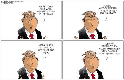 Political cartoon U.S. Trump border wall metal slats legos