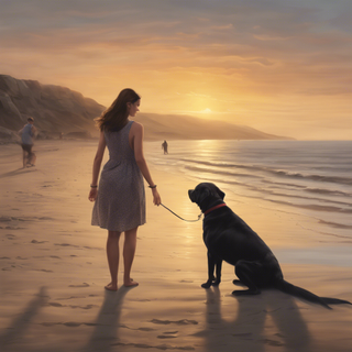 An AI-generated image of a woman walking a labrador on a beach at sunset, created by Stability AI's DreamStudio web app