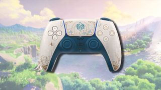 The Genshin Impact PS5 DualSense Controller on artwork from the game