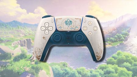 The Genshin Impact PS5 DualSense Controller on artwork from the game